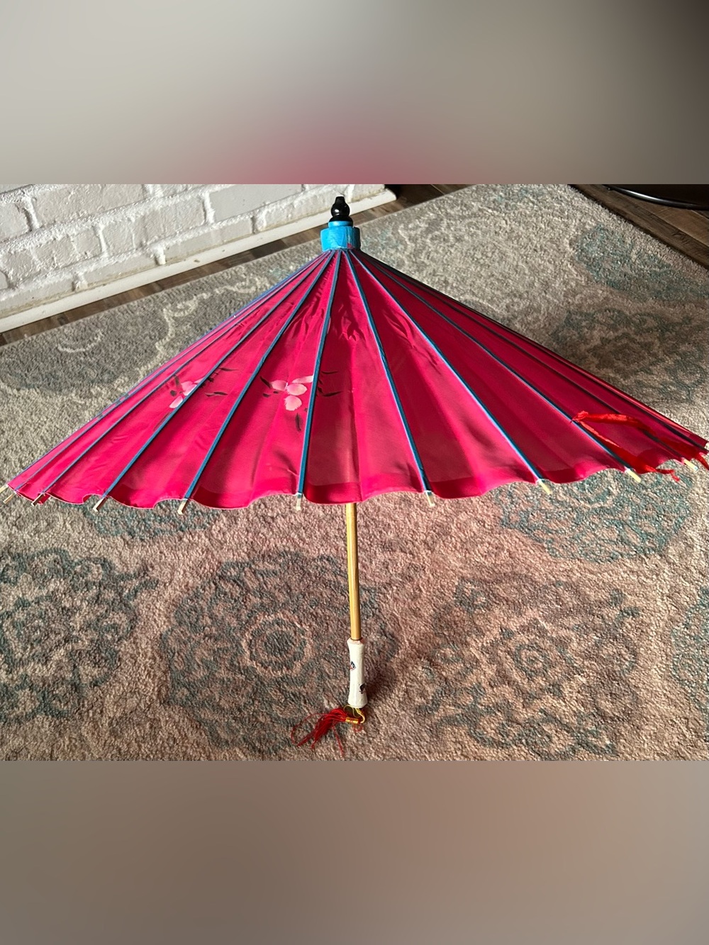 Vintage pink & blue nylon fabric parasol,hand-painted design,bamboo handle.